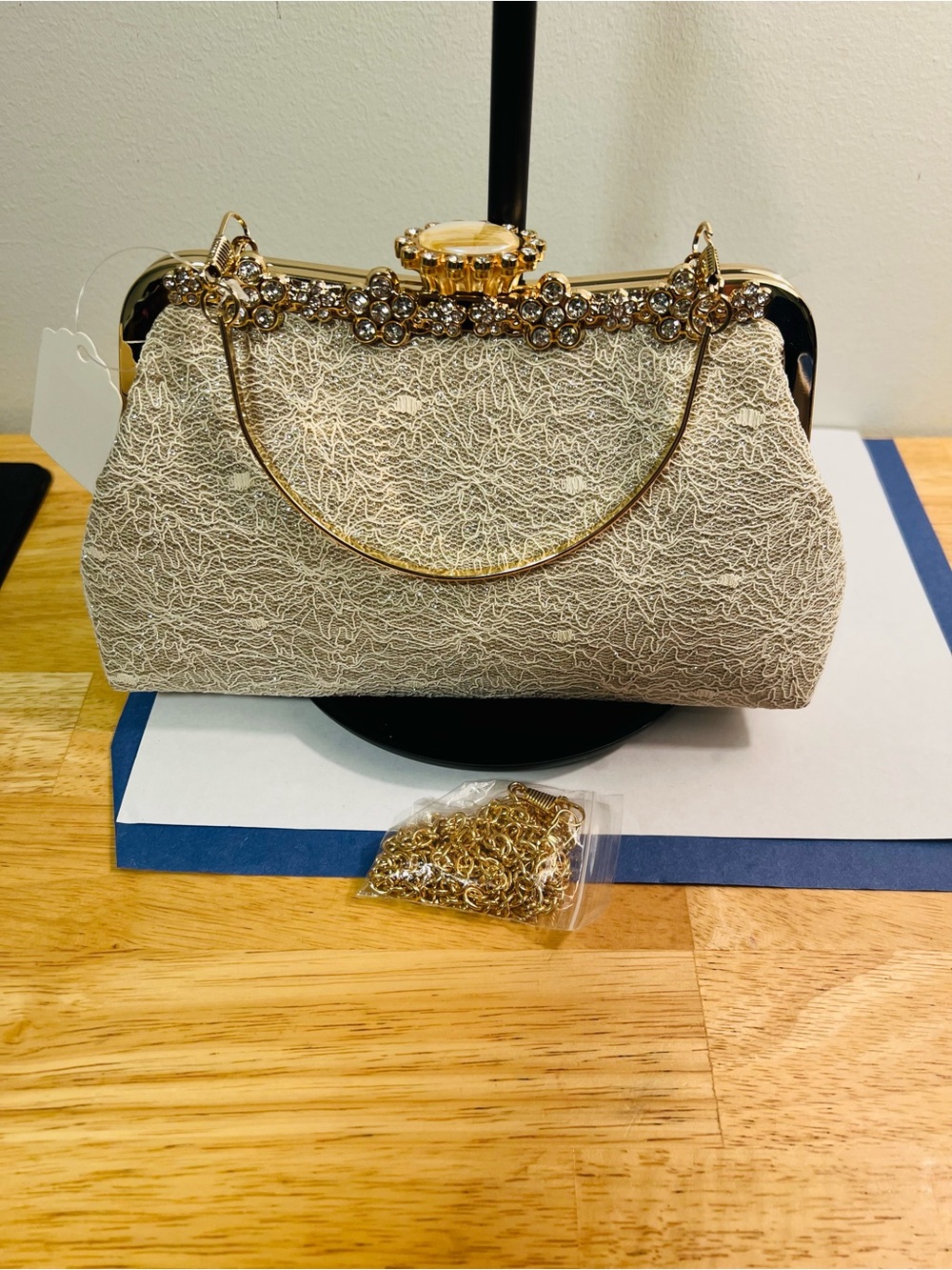 🆕 Elegant Ivory Lace Clutch with Gold Crystal Trim